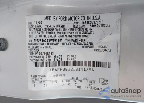 2003 Ford Focus from USA, damaged, VIN 1FAFP36323W191551